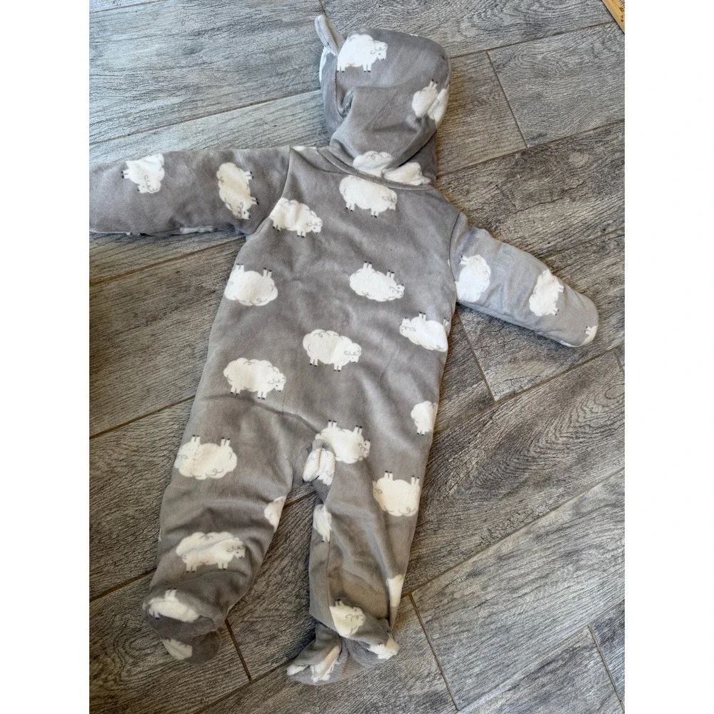 Carters Pram Suit Snowsuit 6 Months 6M Grey Sheep Fleece Hooded Footed NWT Baby
